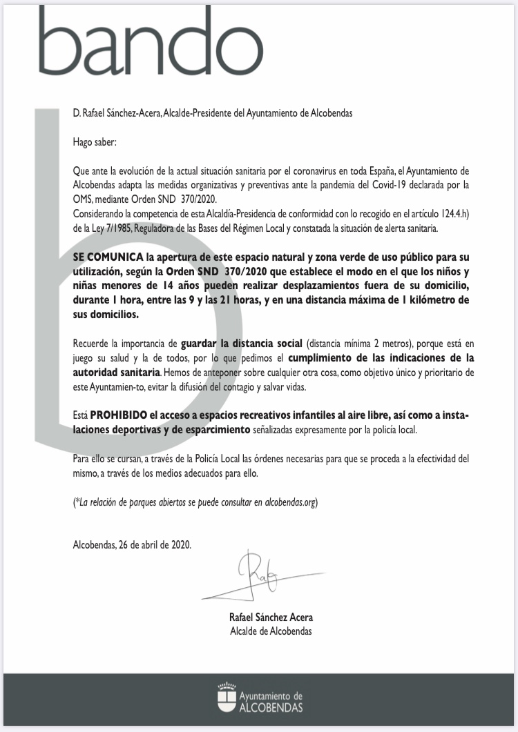 Relación de parques de Alcobendas donde se podrá pasear con niñas y niños menores de 14 años a partir de mañana, 26 de abril Relación de parques de Alcobendas donde se podrá pasear con niñas y niños menores de 14 años a partir de mañana, 26 de abril