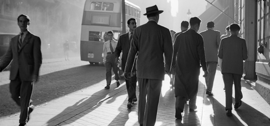 Francesc_Fotografía exposición Catala Roca. Contraluz con sombrero en la Gran Via Madrid 1952