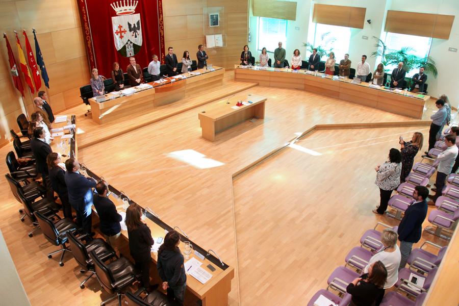 Vista cenital del salón de plenos con concejales en pie