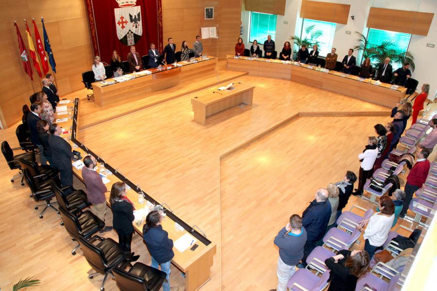 Vista cenital del salón de plenos con concejales en pie