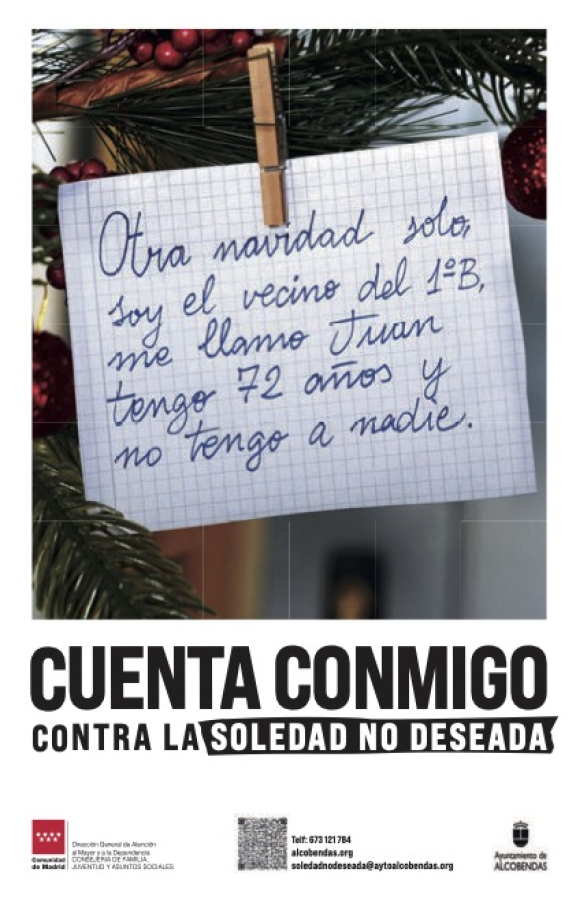 Cuenta conmigo contra la soledad no deseada. Nota sujeta con pinza en árbol Navidad