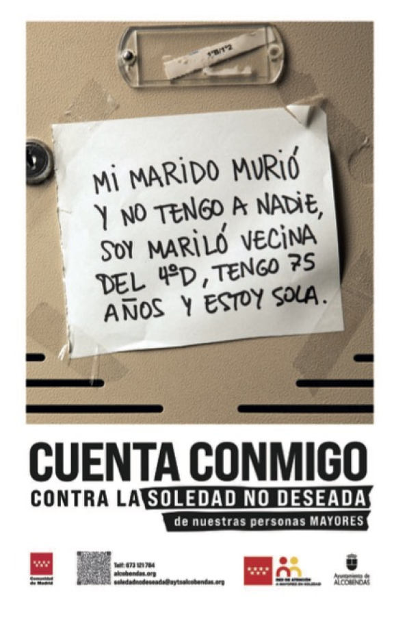Cuenta conmigo contra la soledad no deseada. Nota  pegada con celo en buzón