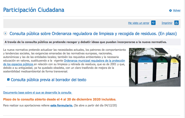 Consulta ciudadana sobre la Ordenanza Municipal de Recogida de Residuos y Limpieza Viaria Consulta ciudadana sobre la Ordenanza Municipal de Recogida de Residuos y Limpieza Viaria