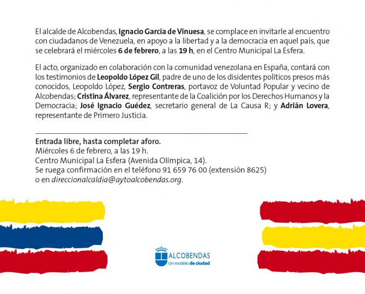 El miércoles 6 de febrero, acto sobre Venezuela en el Centro Municipal La Esfera de Alcobendas El miércoles 6 de febrero, acto sobre Venezuela en el Centro Municipal La Esfera de Alcobendas