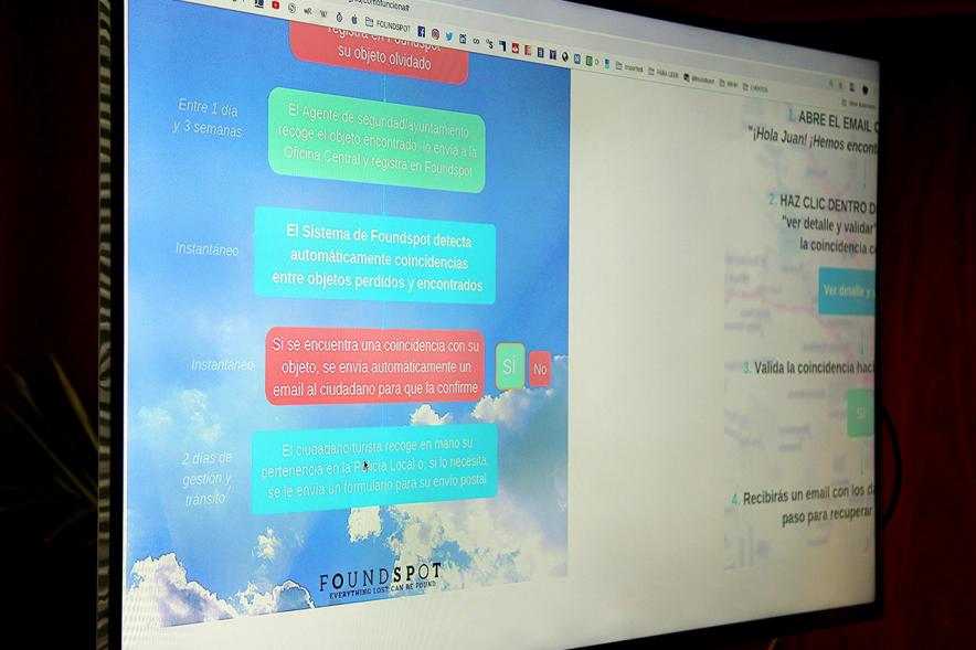 Rueda de Prensa de la Presentación Alcobendas Encuentra - Imagen en una pantalla gigante de como funciona la plataforma Foundspot,servicio de oficina de objetos perdidos.
