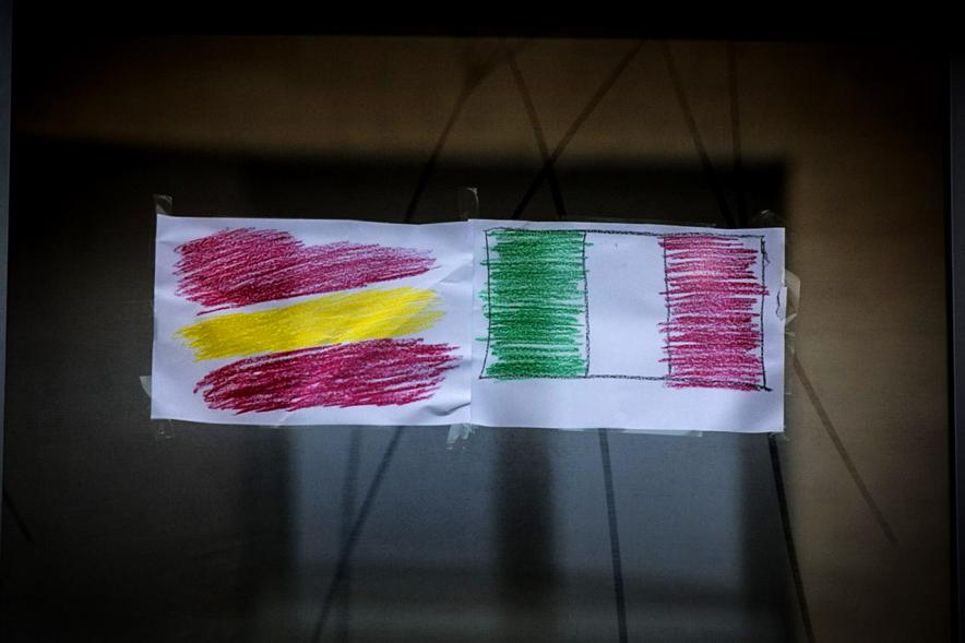 Bandera España - Italia. Carteles Covid-19 -2020