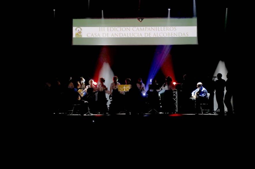 Concierto de Villancicos - Gala Campanilleros - Plano general del escenario iluminado de rojo y azul con la coral.