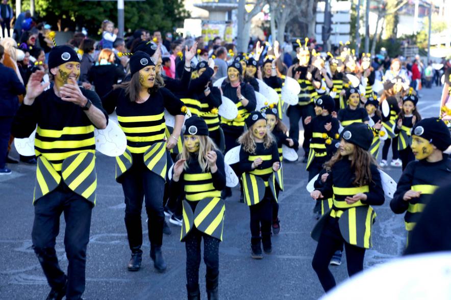 Desfile de Carnaval 2019 -  Imagen de un momento del desfile donde estamos viendo al grupo del AMPA CEIP EMILIO CASADO disfrazados de avispas.