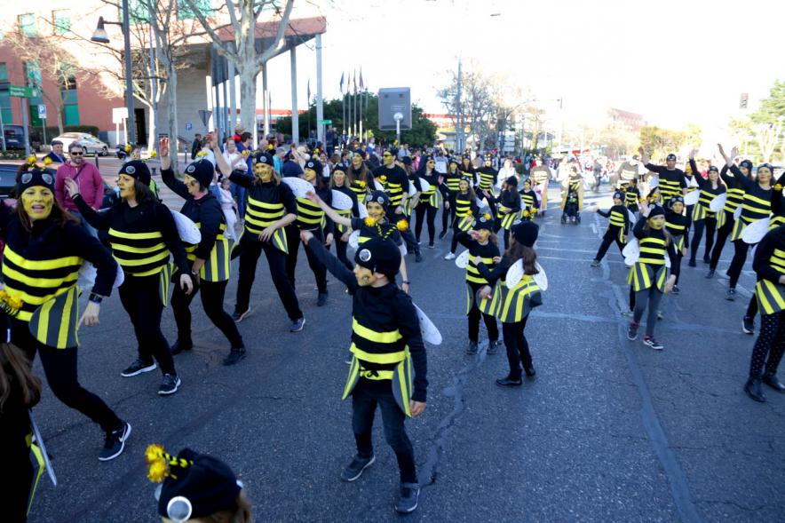 Desfile de Carnaval 2019 -  Imagen de un momento del desfile donde estamos viendo al grupo del AMPA CEIP EMILIO CASADO disfrazados de avispas.