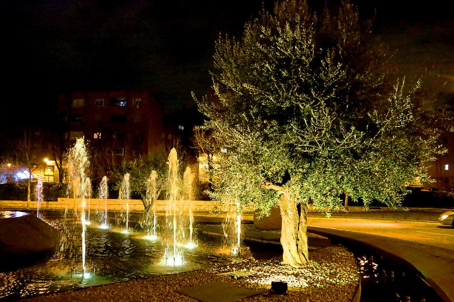 Iluminación de Fuente por la Marcha Mundial por la Endiometrosis - Imagen de la fuente iluminada desde un determinado punto.