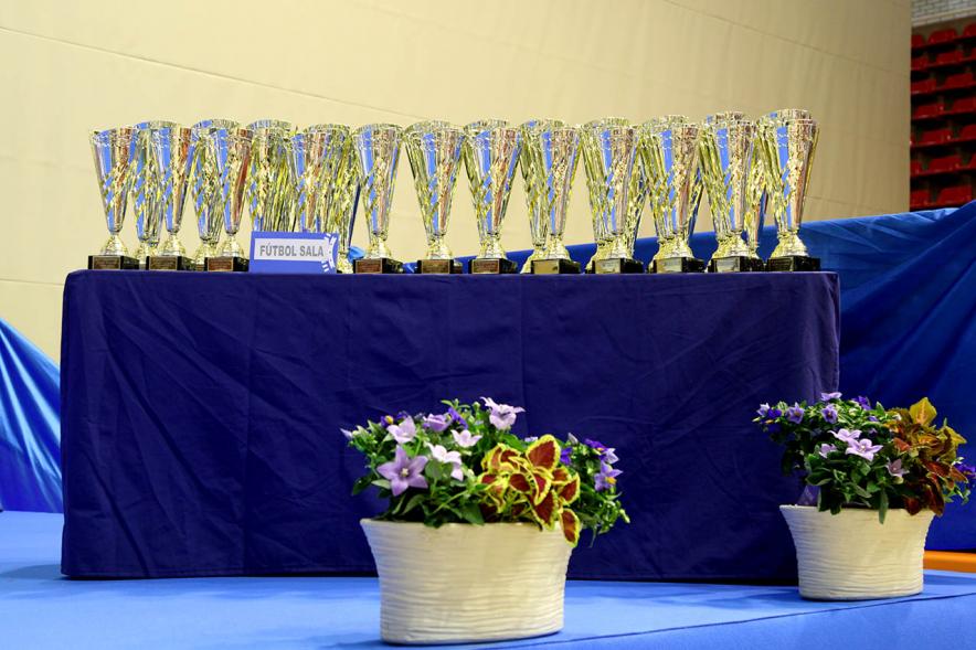 Entrega de Trofeos de Competiciones Locales 2016-17 - Imagen de todos los trofeos expuestos antes de ser entregados.