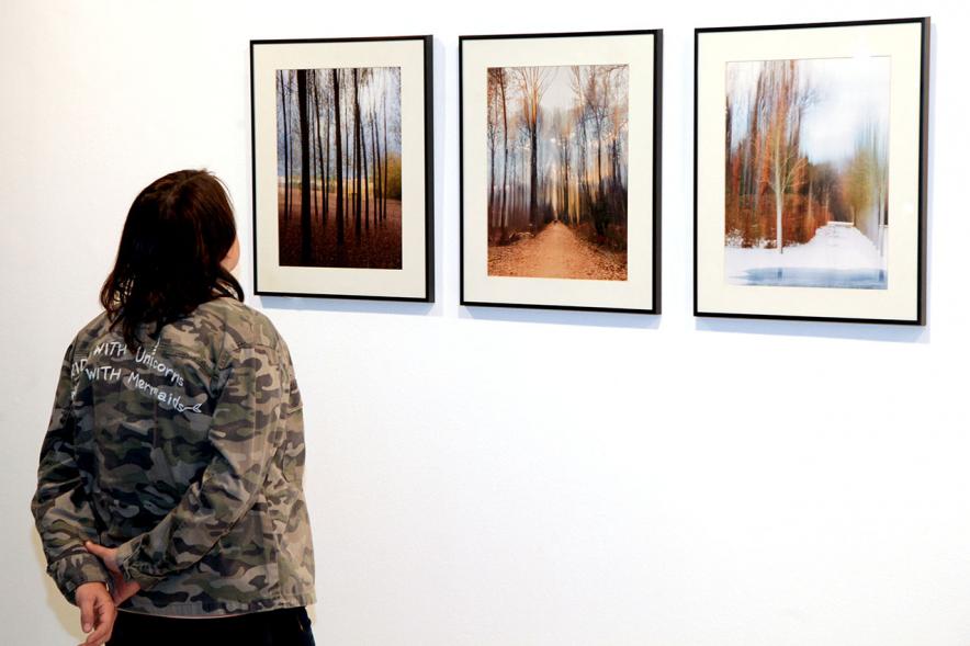 Entrega Premios VIIIº Concurso de Fotografía Ciudad de Alcobendas - Imagen de las obras expuestas y una visitante.