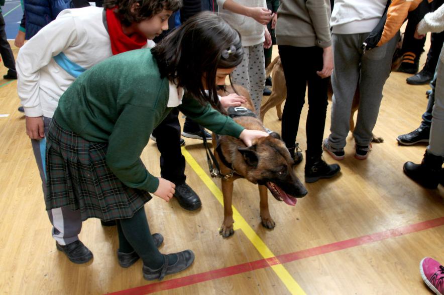 Iª Exhibición de la Unidad Canina de la Policía Local - Imagen de unas niñas junto un perro policía.