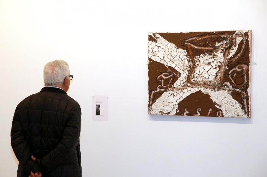 Inauguracion Exposición "La Idea de un Signo" - Colección Sánchez Ubiria - Imagen de una  persona mirando uno de los cuadros expuestos.
