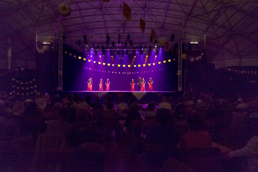 Feria de Abril de Alcobendas 2017 - Imagen de personas bailando sevillanas en el escenario visto desde lejos.