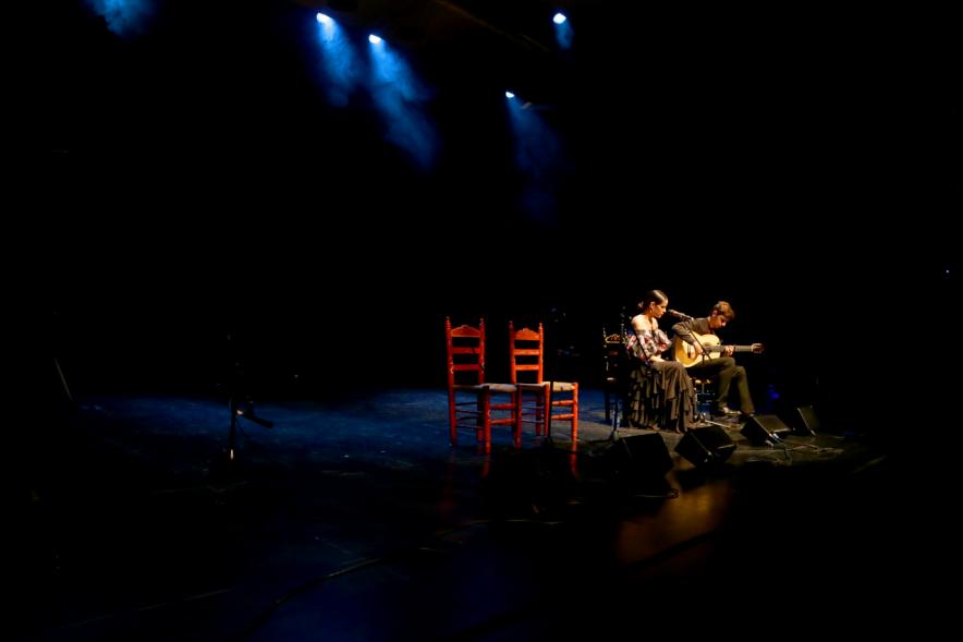 Gala Alcobendas Flamenca 2018 - Imagen de un momento de la actuación de un guitarrista y una cantante en la gala flamenca.