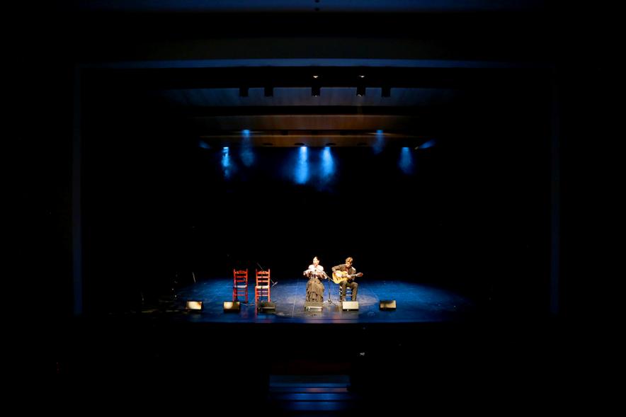 Gala Alcobendas Flamenca 2018 - Imagen lejana de un momento de la actuación de un guitarrista y una cantante en la gala flamenca.
