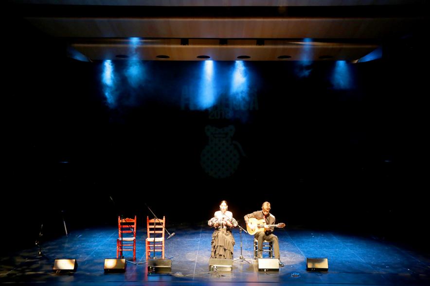 Gala Alcobendas Flamenca 2018 - Imagen lejana de un momento de la actuación de un guitarrista y una cantante en la gala flamenca.