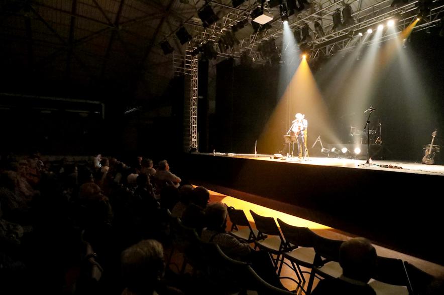 Concierto Folk Día de Castilla La Mancha -  Imagen del escenario oscurecido con un músico.