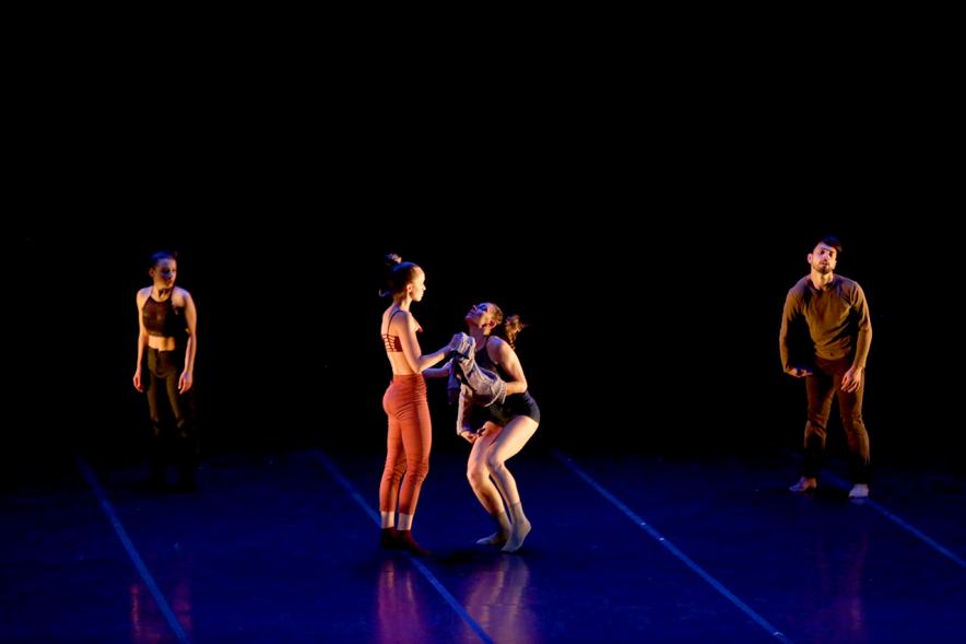 Gala VIIIº Certamen Día Mundial de la Danza ADAE - Grupo de bailarines sobre el escenario oscurecido.