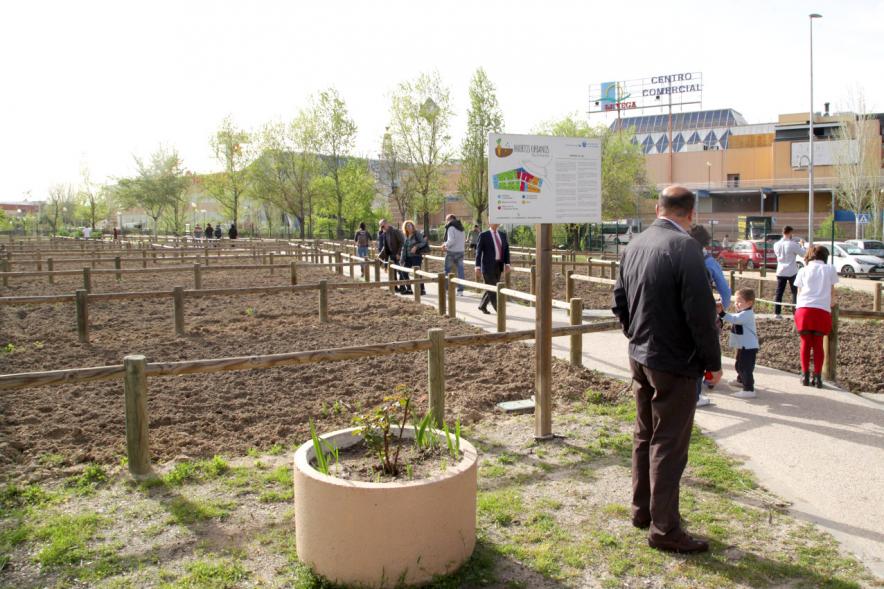 Entrega de Llaves de Huertos Urbanos en Arroyo de La Vega -  Imagen global de los huertos y un vecino.