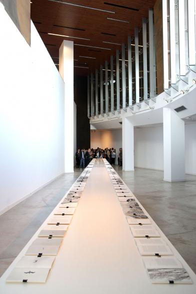 Inauguración Exposición de Juan del Junco "Never-Ending Handbook. Guía de las Aves de mi Mundo" - Imagen de la obra expuesta en una mesa alargada.