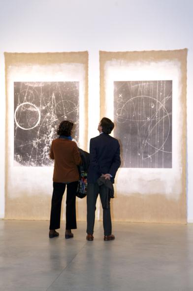 Inauguración Exposición "La Cámara de Niebla" de Linarejos Moreno - Los visitantes contemplan dos obras.