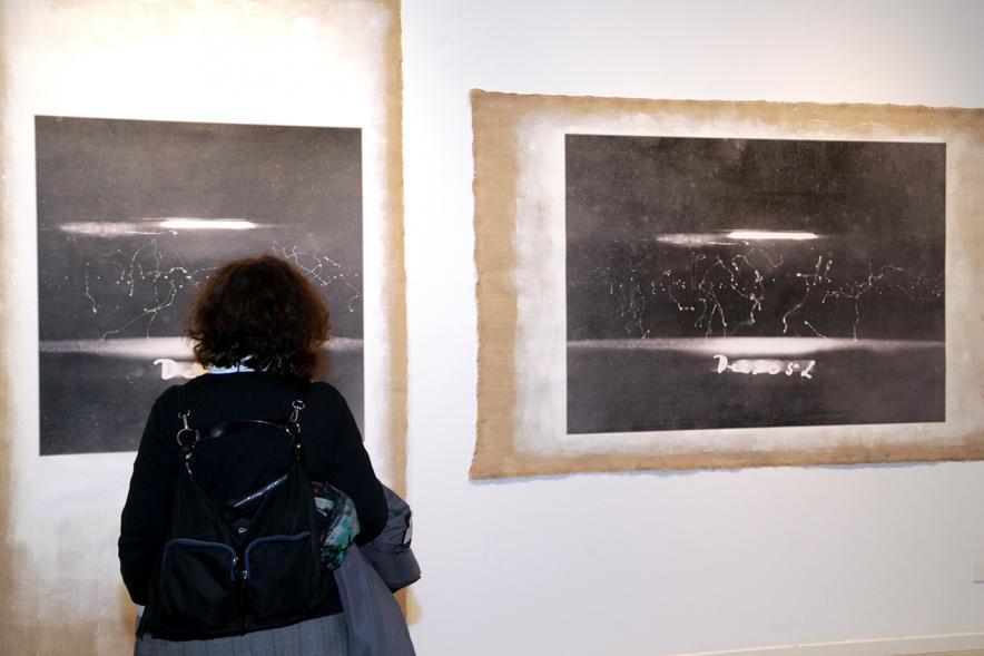 Inauguración Exposición "La Cámara de Niebla" de Linarejos Moreno - Imagen de una visita junto a la obra.
