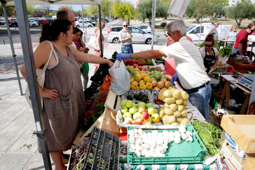 Clientes comprando en puesto de verduras.  Mercado Agroecológico -2019
