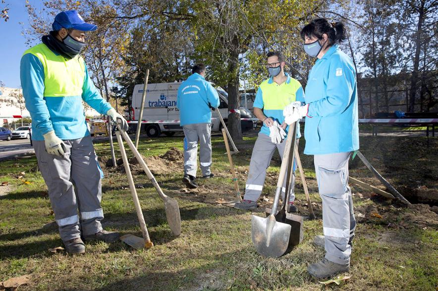 Plantación de Árboles por parte de Niños y Niñas del Consejo de la Infancia - Imagen de los jardineros preparando le terreno. Con mascarillas.