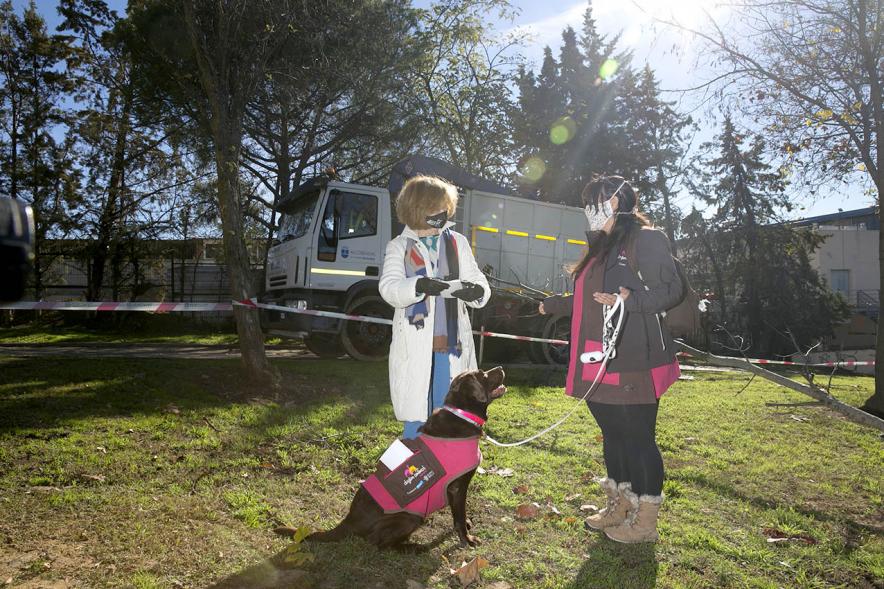 Plantación de Árboles por parte de Niños y Niñas del Consejo de la Infancia -  Plano de Ofelia Culebradas, responsable municipal de infancia y juventud, con la colaboradora de una asociación canina con su perro.
