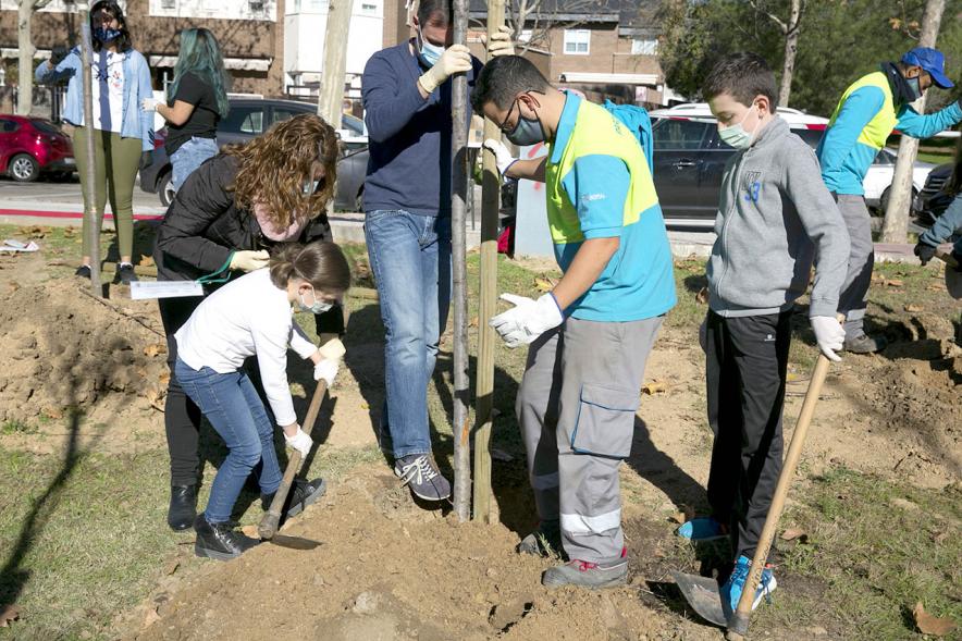 Plantación de Árboles por parte de Niños y Niñas del Consejo de la Infancia - Imagen del alcalde Sánchez Acera  ayudando a los jóvenes a  plantar los árboles.