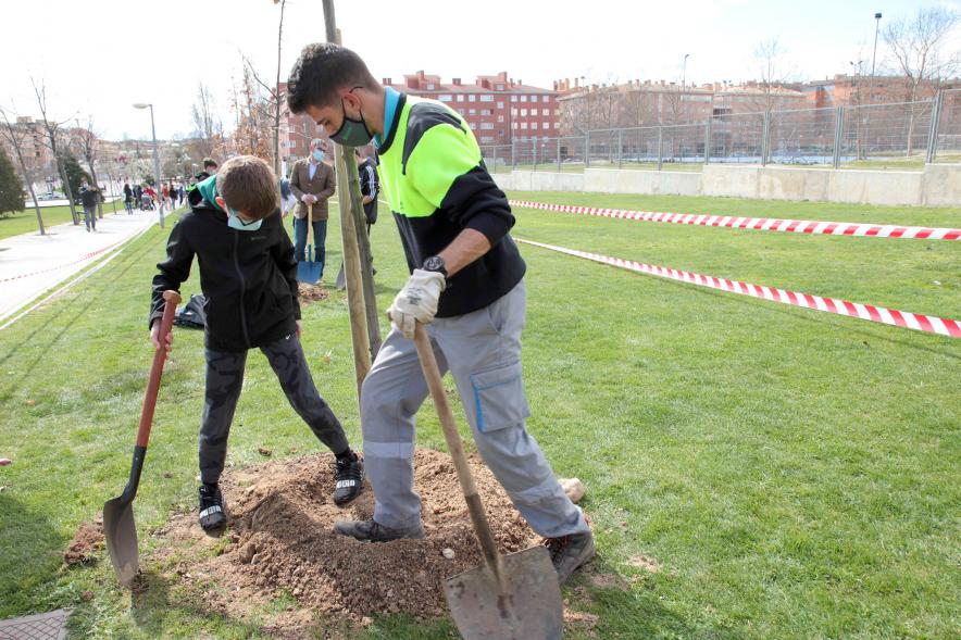 Operario y alumno del SEIS Aldebarán V. plantando un árbol.