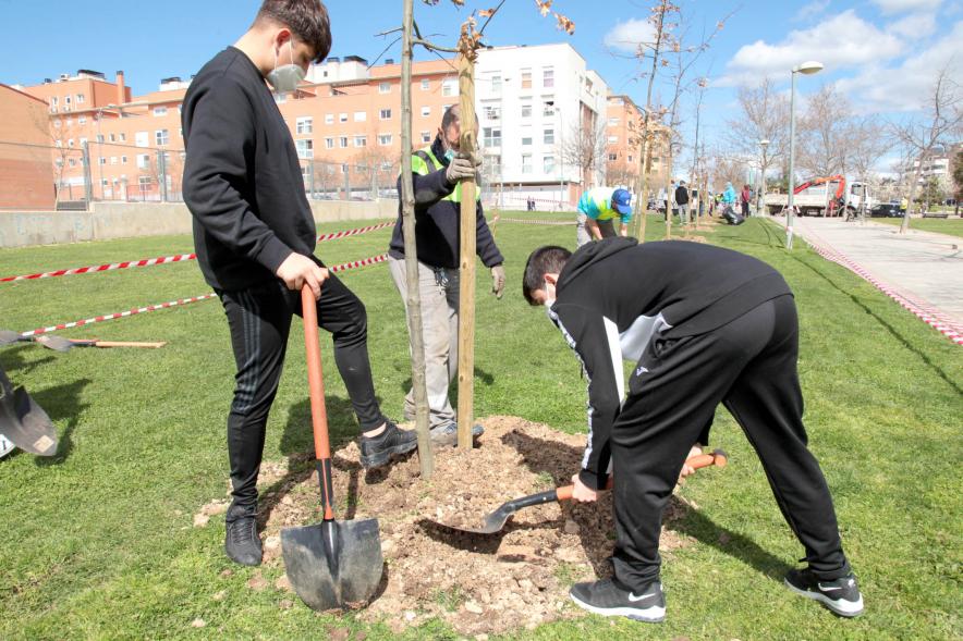 Alumnos  en un momento de la plantación de un árbol.