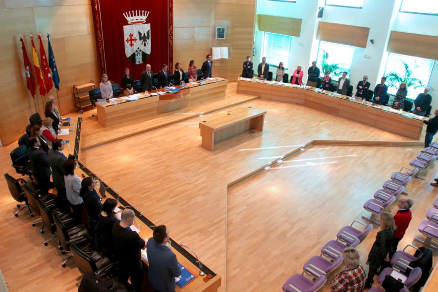Vista cenital del salón de plenos con concejales en pie