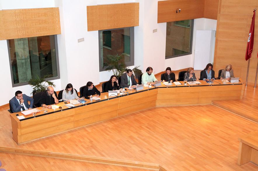 Vista cenital del lado izquierdo del salón de plenos con concejales