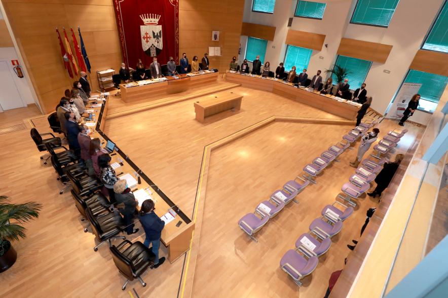 Vista cenital del salón de plenos con concejales en pie