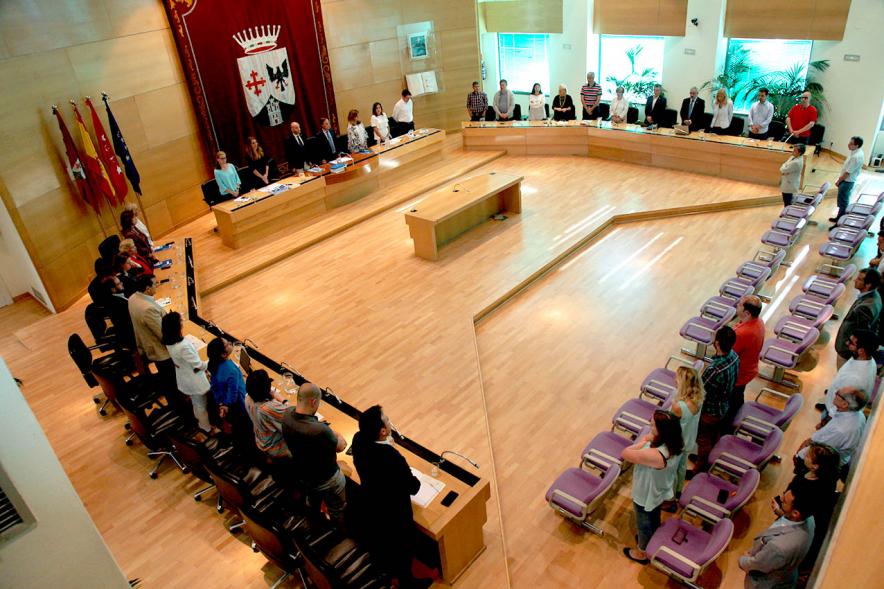 Vista cenital del salón de plenos con concejales en pie