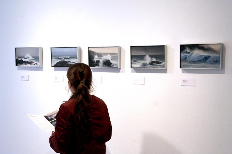 Inauguración Exposición "Requiem" en el C.C. Anabel Segura - Imagen de una persona admirando los cuadros de la exposición.