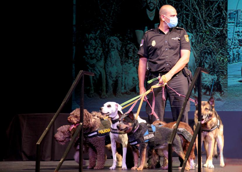 Entrega de Reconocimientos de la Policía Local por Festividad de San Juan 2021 - Primer plano de un Policía Guía Canino con sus mascotas. 