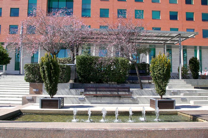 Visiones de la Primavera según Alumnos de Prácticas ESO en Departamento Comunicación - Imagen de la fuente y jardín en primer plano, y al fondo el ayuntamiento.