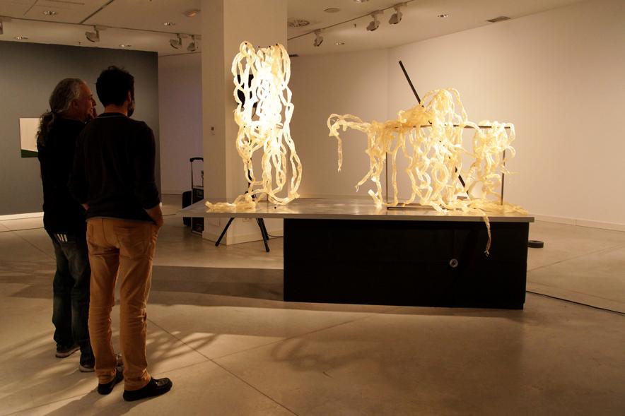 Inauguración Exposición "Every Day is a Trip. Ni la Palabra ni el Silencio" de Victoria Civera - Imagen de personas mirando una de las instalaciones de la artista.