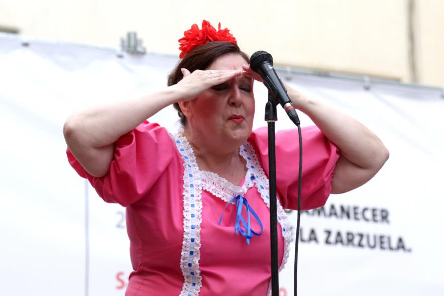 Mujer cantando durante la actuación musical