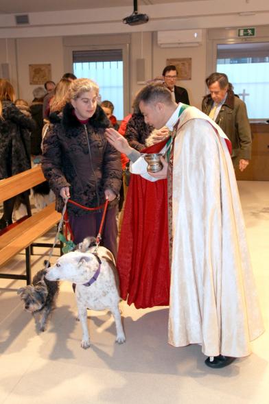 Bendición de Animales por San Antón en la Parroquia San Juan XXIII - Imagen de unas personas acercando su perro para que el cura le bendiga.