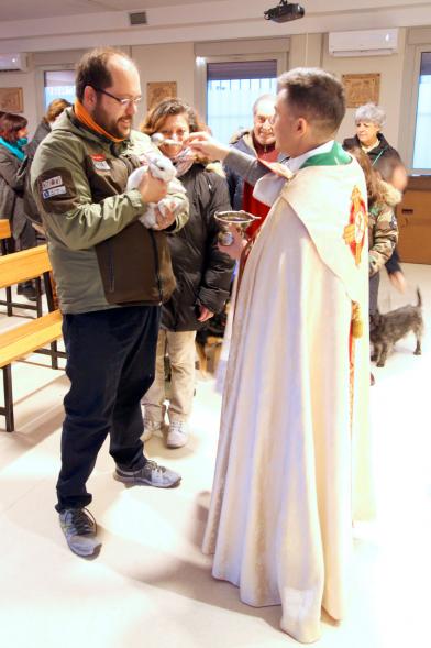 Bendición de Animales por San Antón en la Parroquia San Juan XXIII - Imagen de una persona acercando su conejo para que el cura le bendiga.