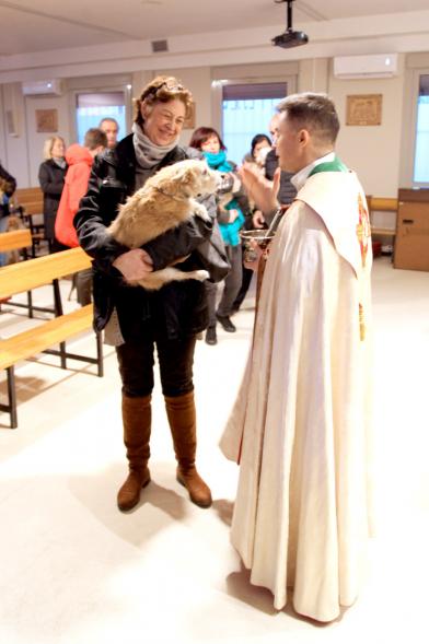 Bendición de Animales por San Antón en la Parroquia San Juan XXIII - Imagen de una persona acercando su perro para que el cura le bendiga.