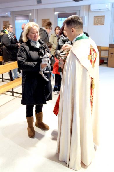 Bendición de Animales por San Antón en la Parroquia San Juan XXIII - Imagen de una persona acercando su perro para que el cura le bendiga.