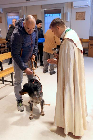 Bendición de Animales por San Antón en la Parroquia San Juan XXIII - Imagen de una persona acercando su perro para que el cura le bendiga.