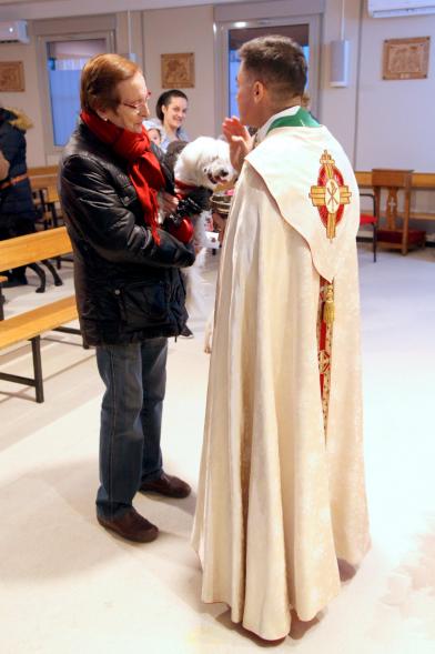 Bendición de Animales por San Antón en la Parroquia San Juan XXIII - Imagen de una persona acercando su perro para que el cura le bendiga.