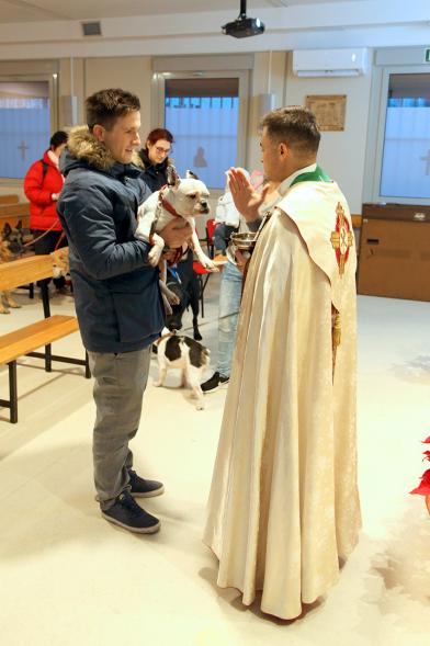 Bendición de Animales por San Antón en la Parroquia San Juan XXIII - Imagen de una persona acercando su perro para que el cura le bendiga.